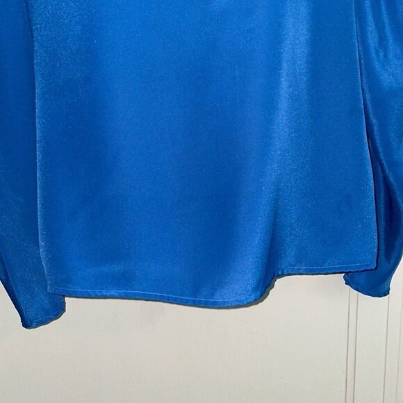 Vintage 80sâroyal blue polyester gathered shoulder long sleeveâblouse - Picture 3 of 9